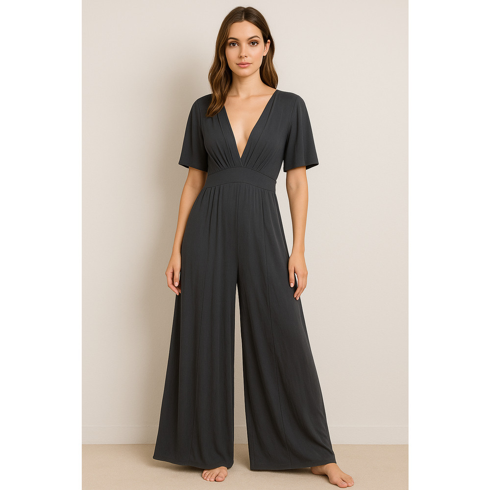 Free People Jumpsuit Womens L Wide Leg Flare Gray Tie Bohemian Modal Lagenlook